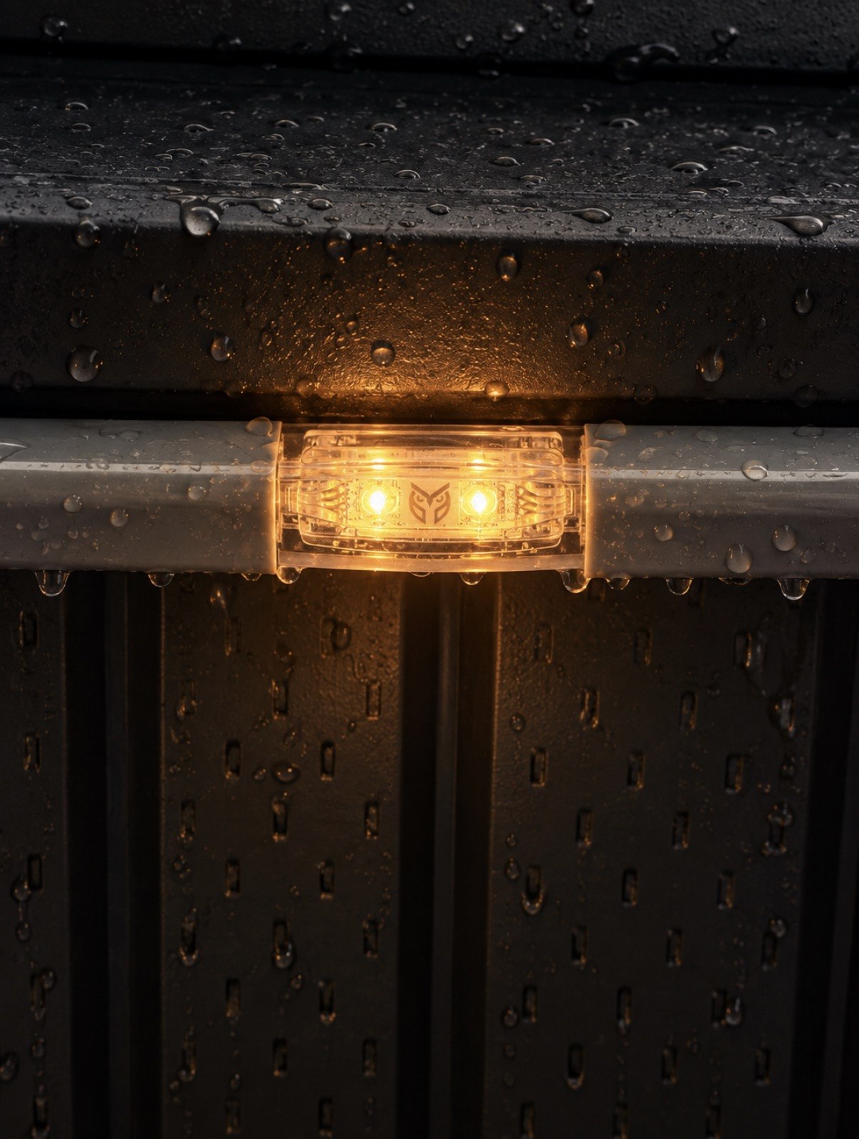 Close view of a rain-covered Wise LED module installed beneath a roofline
